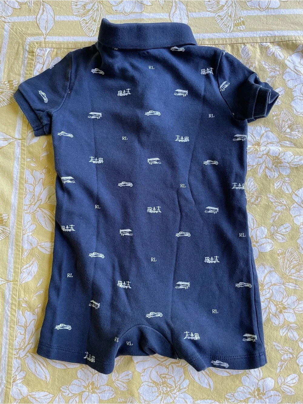 Ralph Lauren Navy Polo-Style Baby One-Piece Trains Airplanes Cars Cotton 12-18M